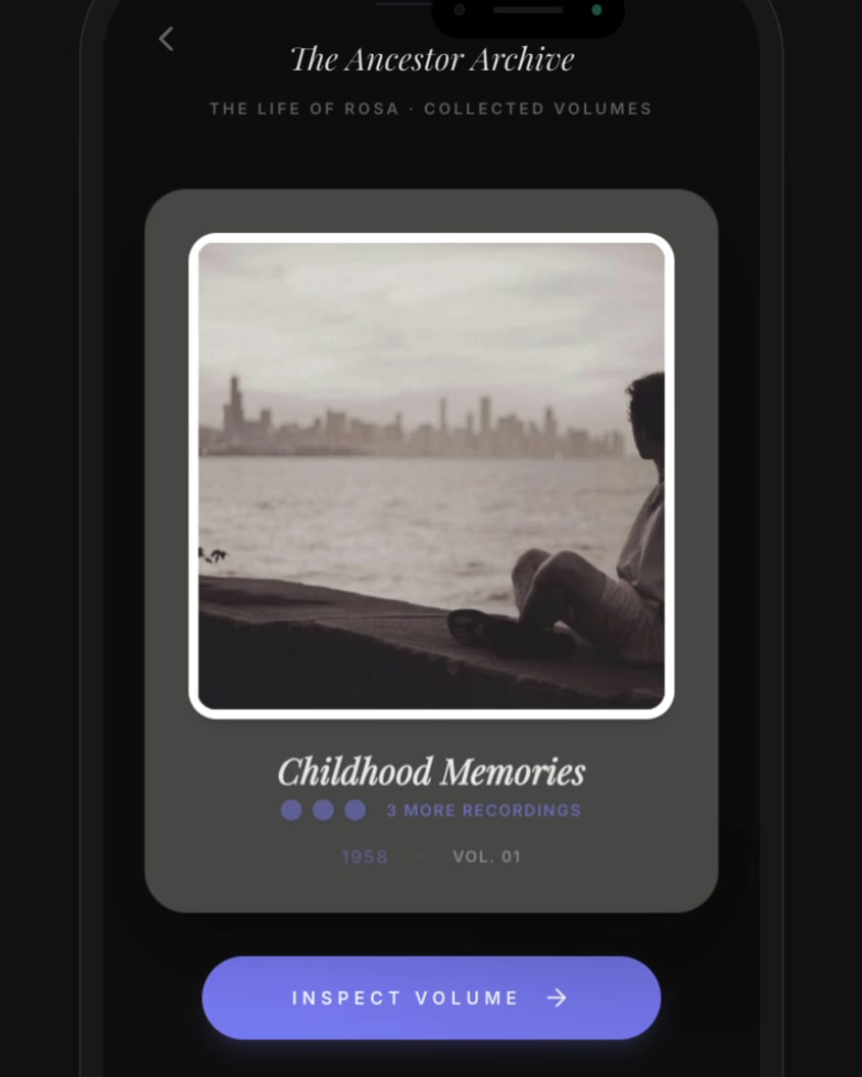 The Ancestor Archive: a Childhood Memories volume with a mounted photo and an Inspect Volume button