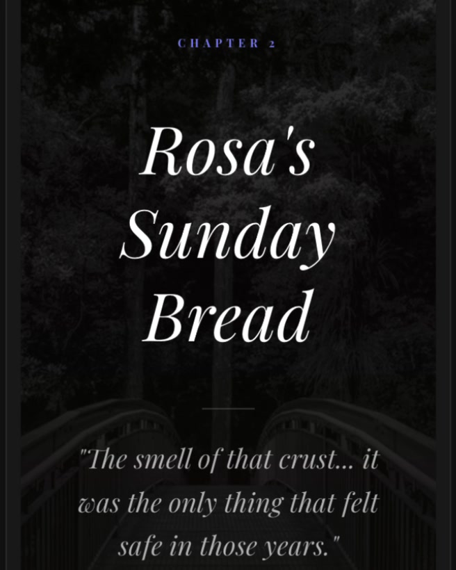 Chapter 2 title card, Rosa’s Sunday Bread, with a pull quote over a dark forest photo