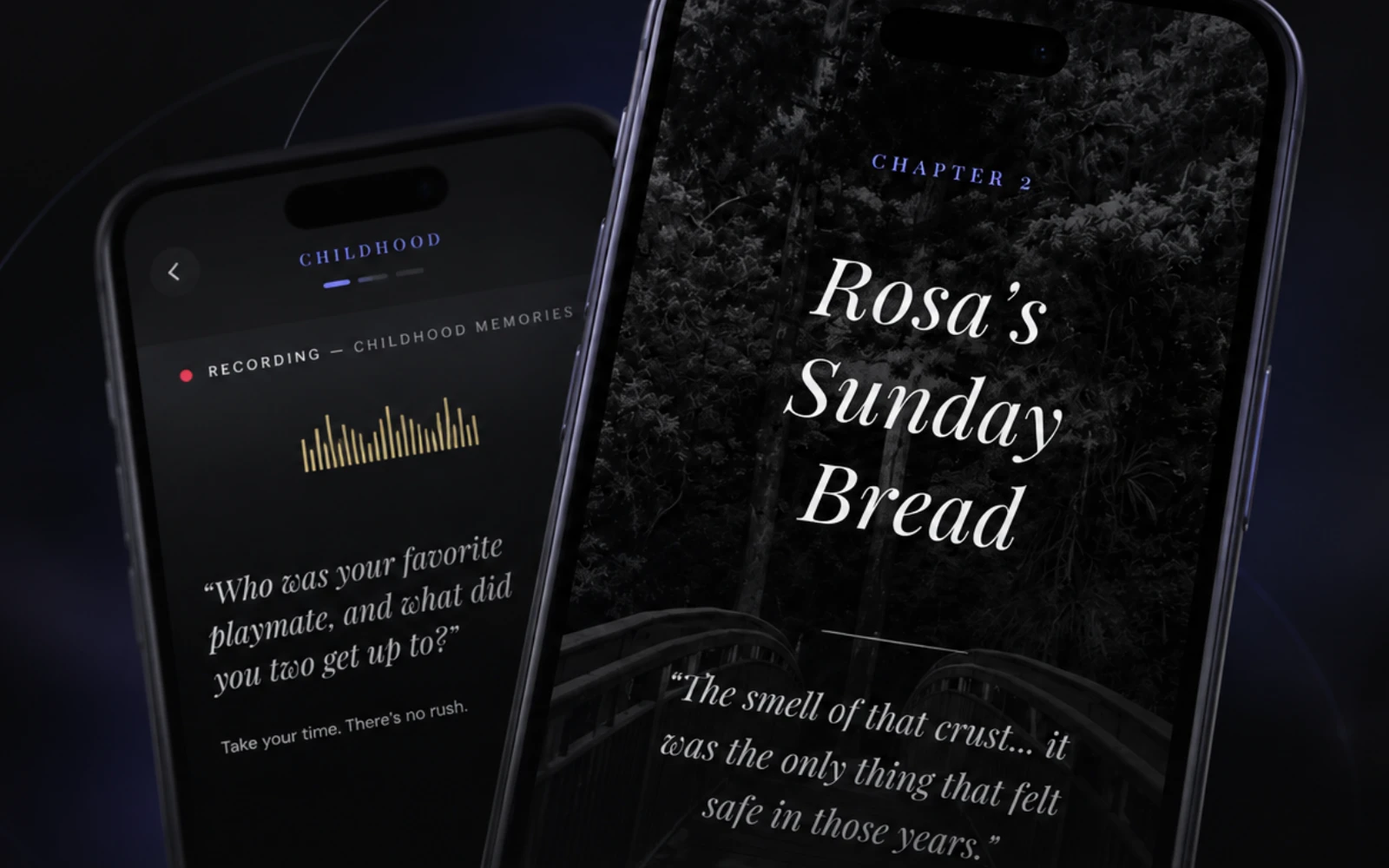 Ancestor app screens: a guided recording prompt and the chapter opening Rosa's Sunday Bread.