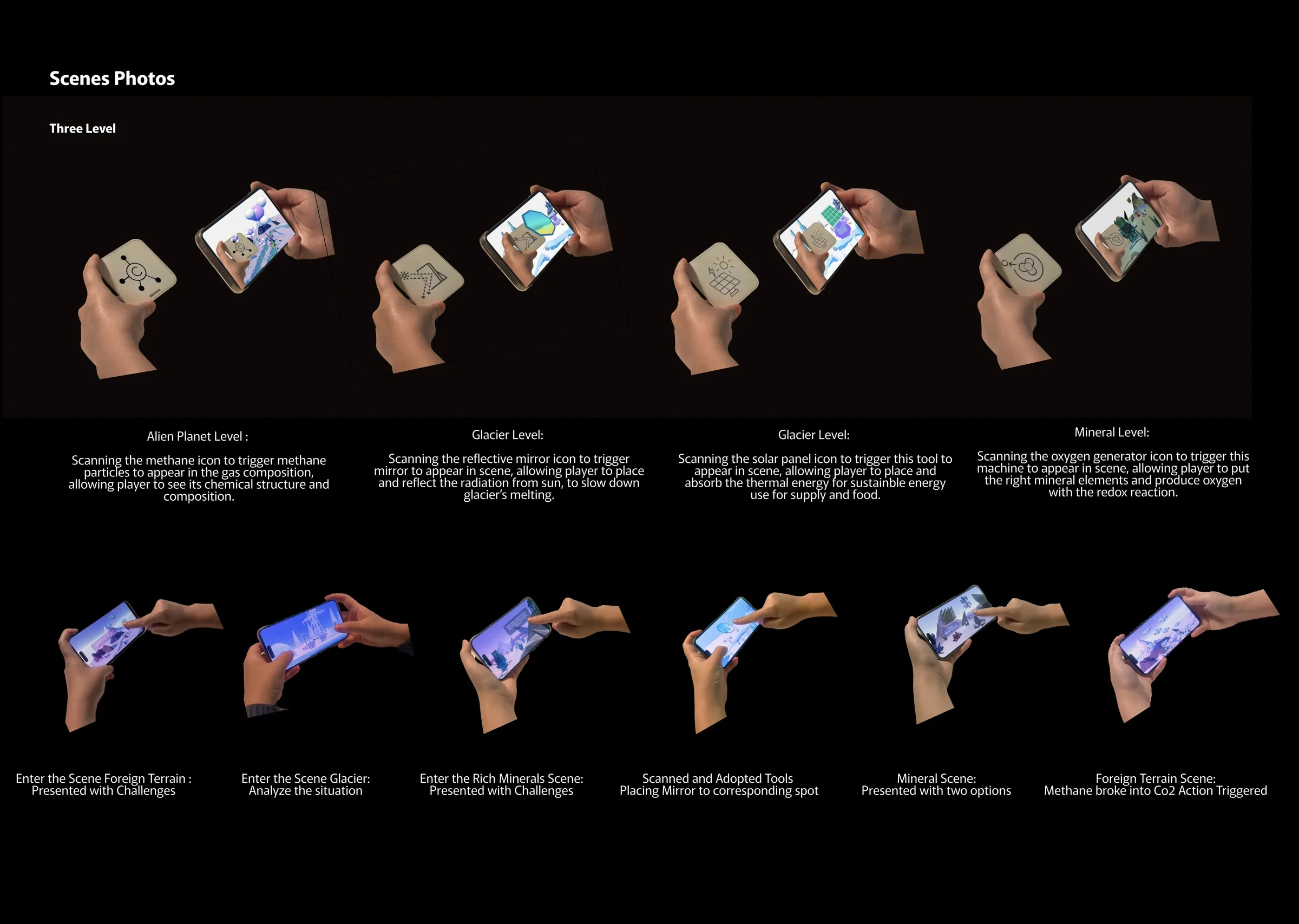 Photos of hands holding cards and an iPhone running the game across the alien planet, glacier and mineral levels.
